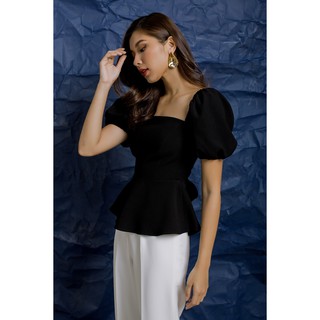 Áo peplum đen tay phồng nơ lưng Gunich