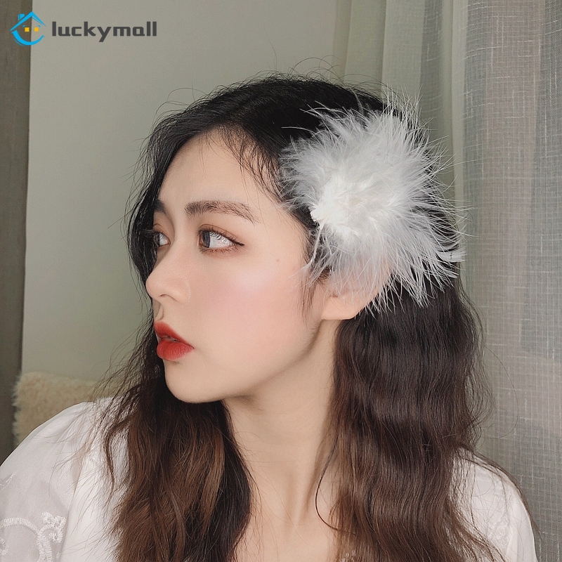 Kẹp Tóc Đính Lông Vũ Ngọc Trai Nhân Tạo Dễ Thương Phong Cách Retro