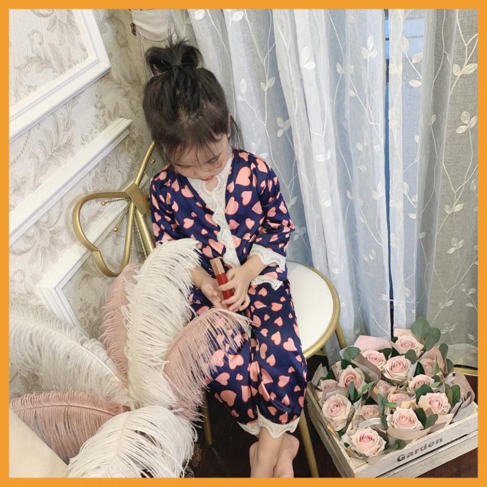 Bộ Ngủ Pijama Lụa Satin Viền Ren Hình Tim Cho Bé Gái 7-35Kg - Babi mama