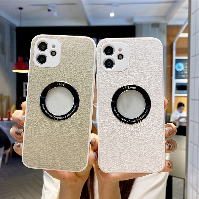 Ốp điện thoại da PU mềm có lỗ logo kim loại chống sốc thích hợp cho iPhone 13 12 11 Pro Max XR XS X 8 + 7 Plus