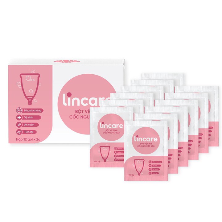 Hộp 12 gói Bột tiệt trùng Cốc nguyệt san Lincare vệ sinh làm trắng sáng tiện lợi, an toàn, nhanh chóng