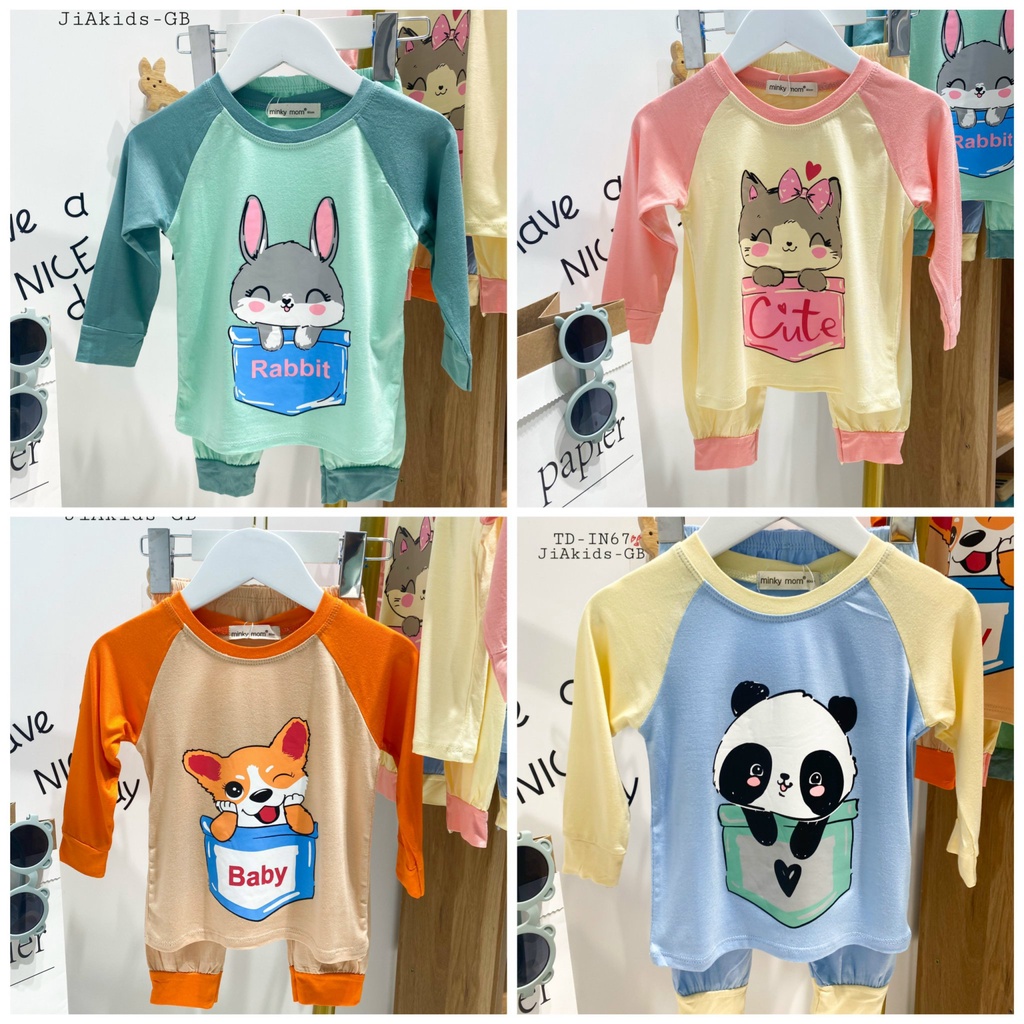 Bộ Dài Tay MINKY MOM THUN LẠNH Giáp Năng Phối Màu Bo In Hình Dễ Thương Cho Bé TD-IN67