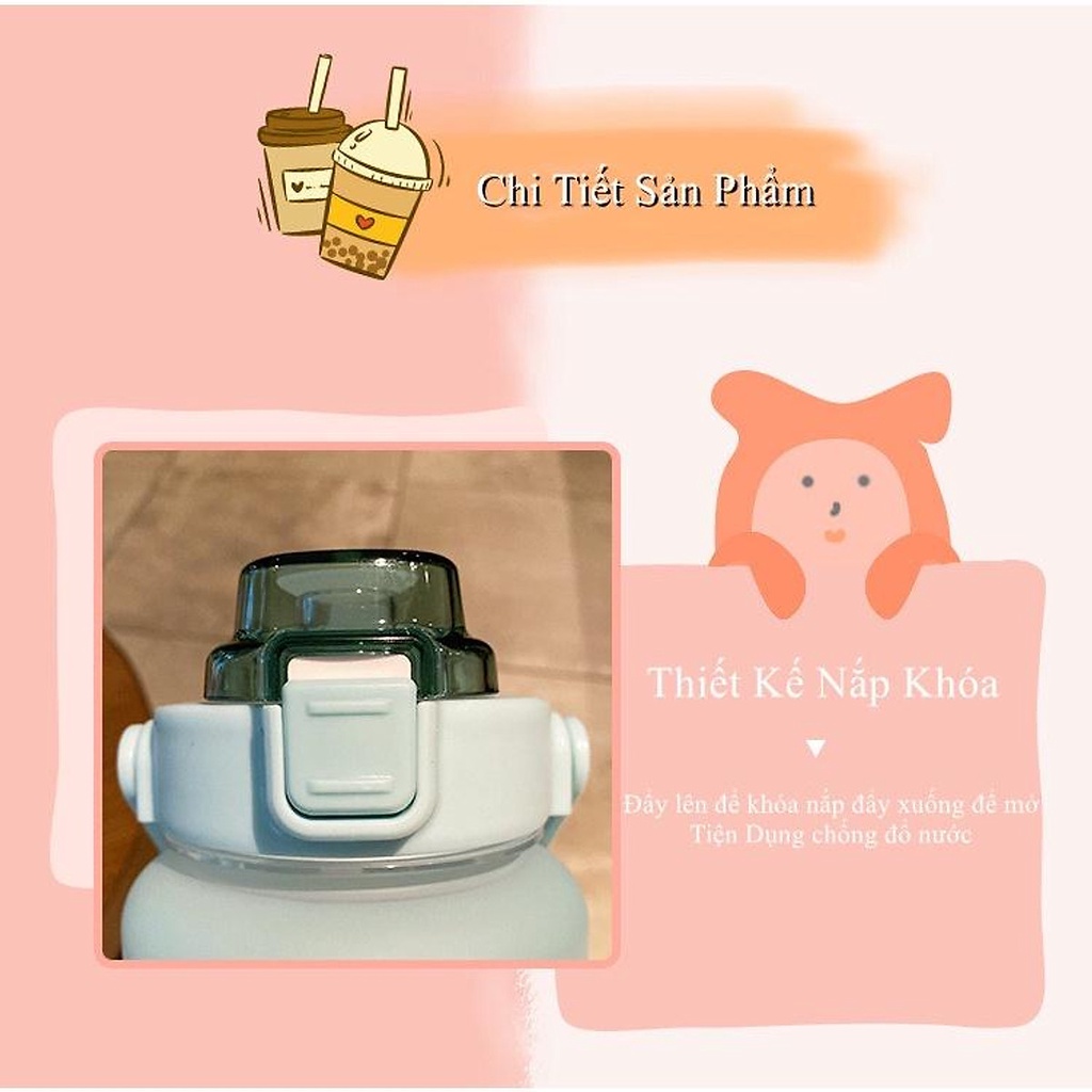 Bình nước nhắc nhở 1300ml Rabit's House, bình nước có quai xách, hình dán sticker dễ thương, cute.