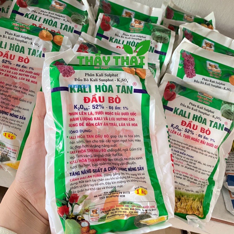 Kali Đầu Bò-Phân bón lá Kali Sulphat Kali hòa tan Đầu Bò-K2SO4 - 1kg Giúp cây ra hoa sớm, chin sớm, màu đẹp
