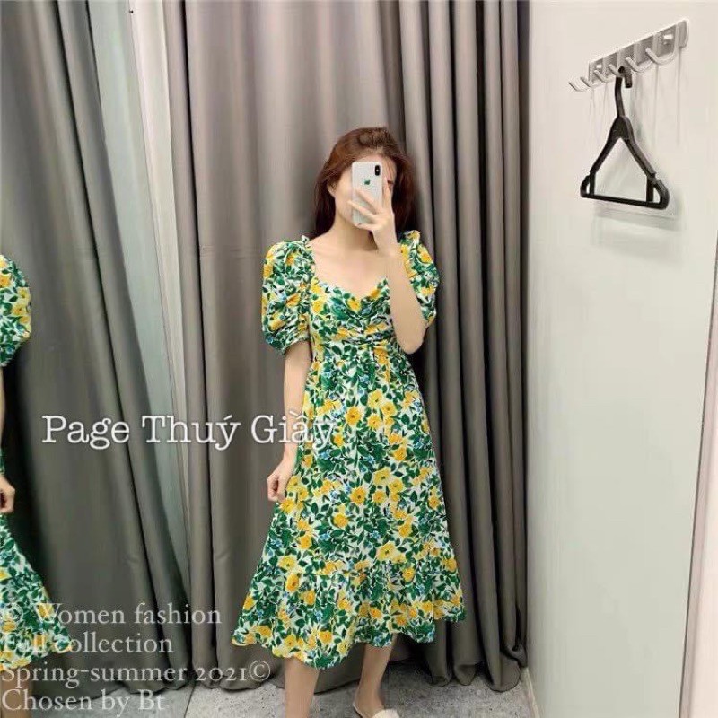 VNU241 - VÁY MAXI DÚM NGỰC HOA VÀNG LÁ XANH ĐUÔI CÁ | BigBuy360 - bigbuy360.vn