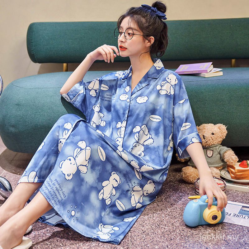 đồ ngủ Tay Ngắn Dáng Rộng Chất Lụa Satin Phong Cách Hàn Quốc Dễ Thương Thời Trang Mùa Hè Cho Nữ