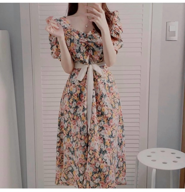 [Mã WAMT1505 giảm 10K đơn 0K] Đầm Hoa Xoè Cổ Vuông Nhún Ngực Tay Phồng | BigBuy360 - bigbuy360.vn