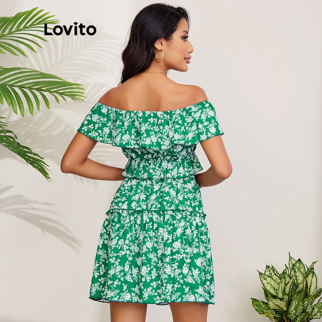 Bộ chân váy Lovito trễ vai thiết kế xếp lớp phong cách lãng mạn L27LD166 (màu xanh lá)