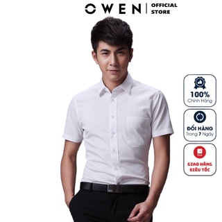 Áo Sơ Mi Trắng Nam Ngắn Tay Owen AS90013N Somi Cộc Tay Công Sở Cao Cấp Họa Tiết Chìm Chất Sợi Tre Dáng Ôm Tà Lượn