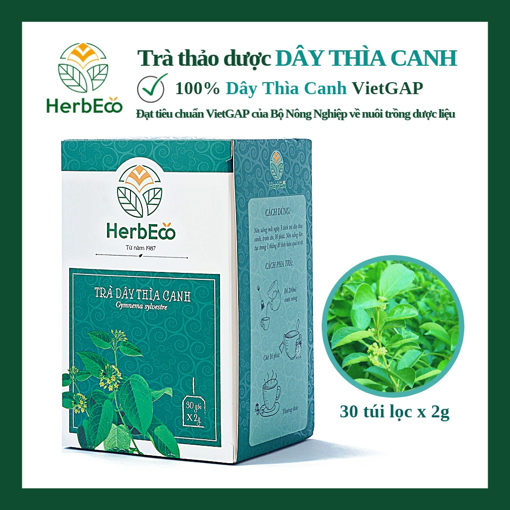 Trà Dây Thìa Canh HERBECO. Trà thảo mộc Dây Thìa Canh giảm tiểu đường, HbA1C, giảm cân [Trà túi lọc 30 gói x 2g]