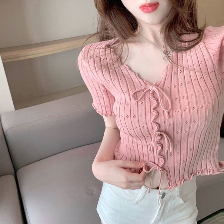 Áo Thun Dệt Kim Ngắn Tay Thắt Nơ Cổ Chữ V Thời Trang Hàn Quốc Mới