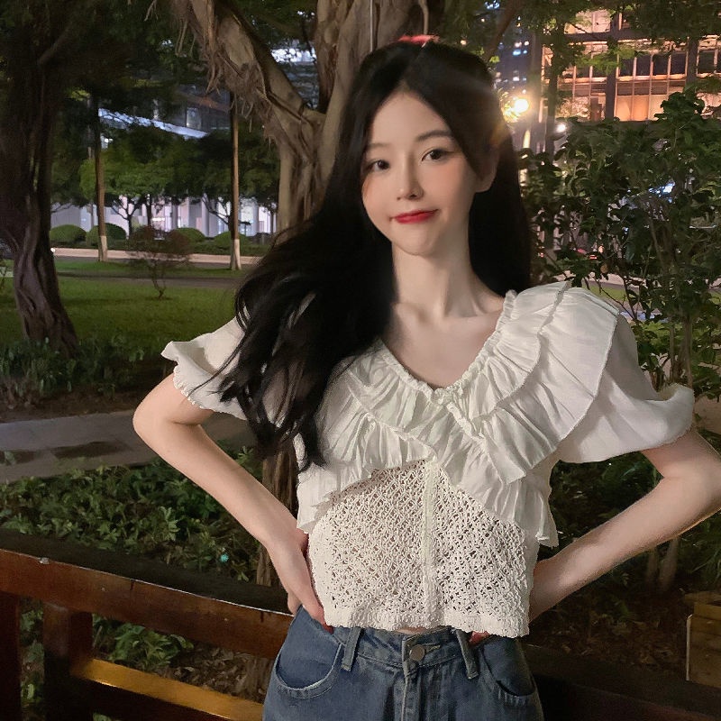 Áo Sơ Mi Chiffon Tay Ngắn Cổ Bẻ Phối Bèo Phong Cách Hàn Quốc Thời Trang Cho Nữ