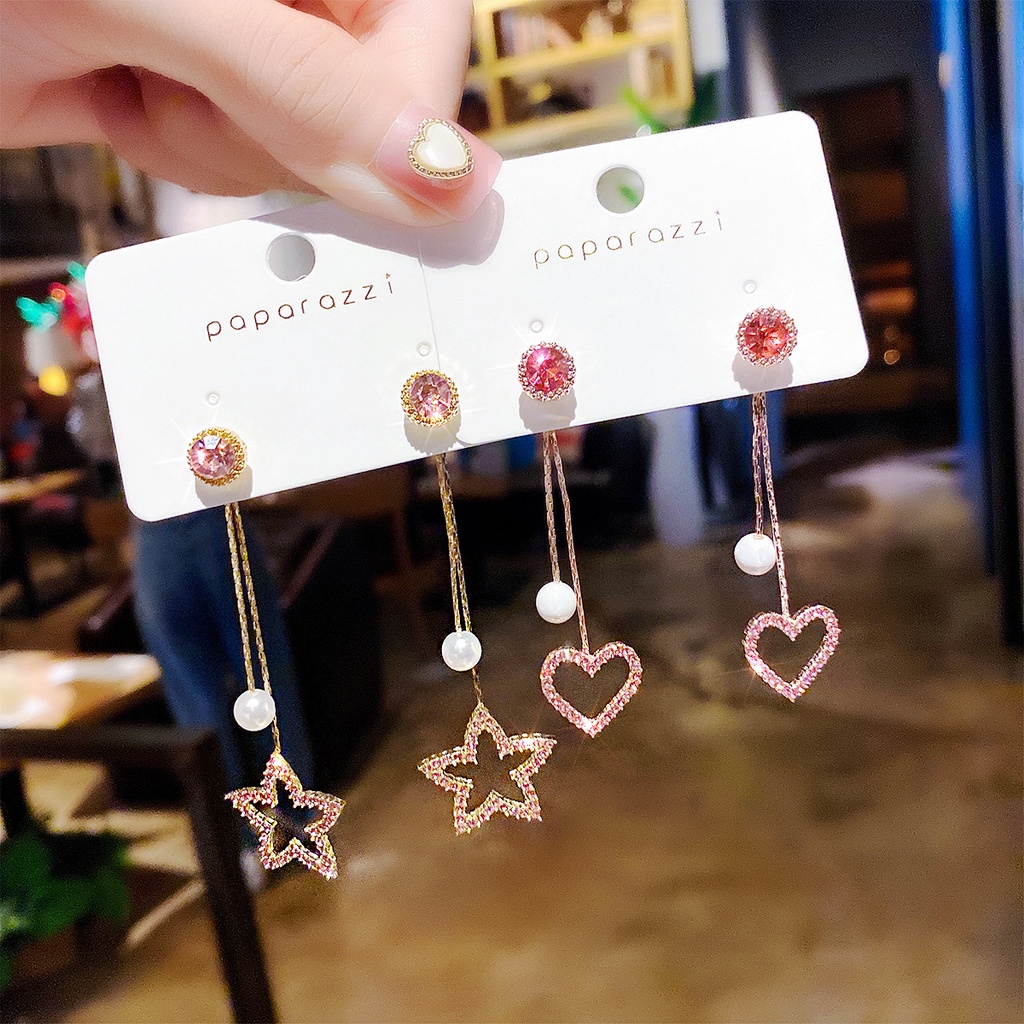 Khuyên tai XIAOBOACC dáng dài tua rua mạ bạc S925 thiết kế trái tim/ ngôi sao thời trang dành cho nữ