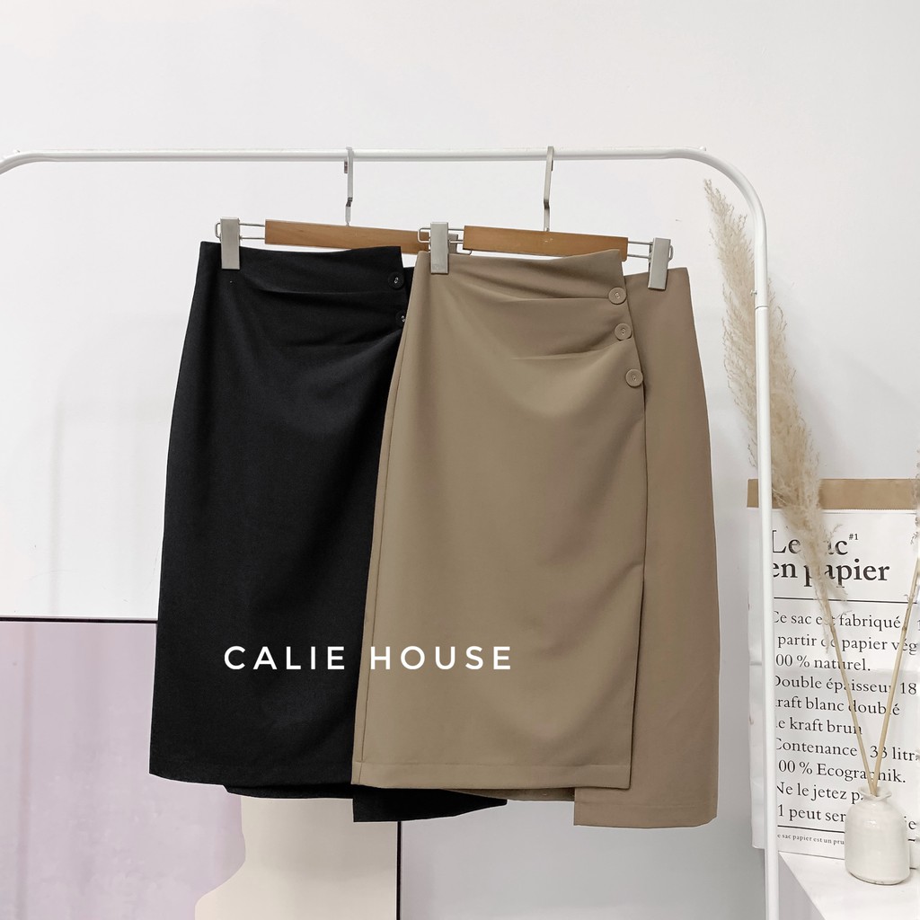 Chân váy dáng dài nữ dáng A cạp cao vạt lệch đính cúc thanh lich thời trang công sở Calie House CV23 | BigBuy360 - bigbuy360.vn