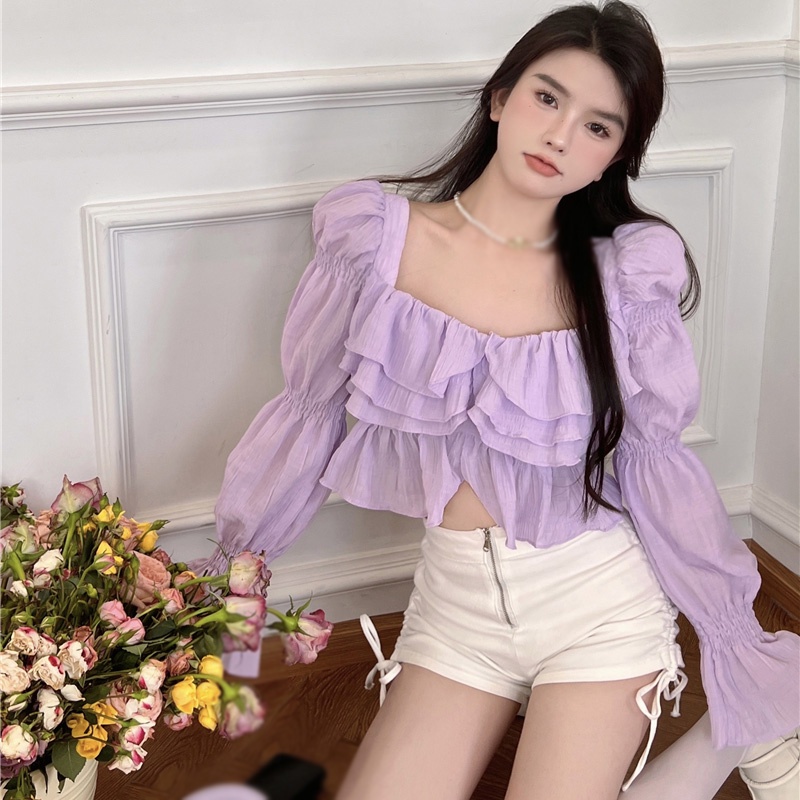 Áo croptop tay dài phồng cổ vuông dáng ôm chất liệu chiffon thời  cho nữ trang Hàn Quốc cổ điển
