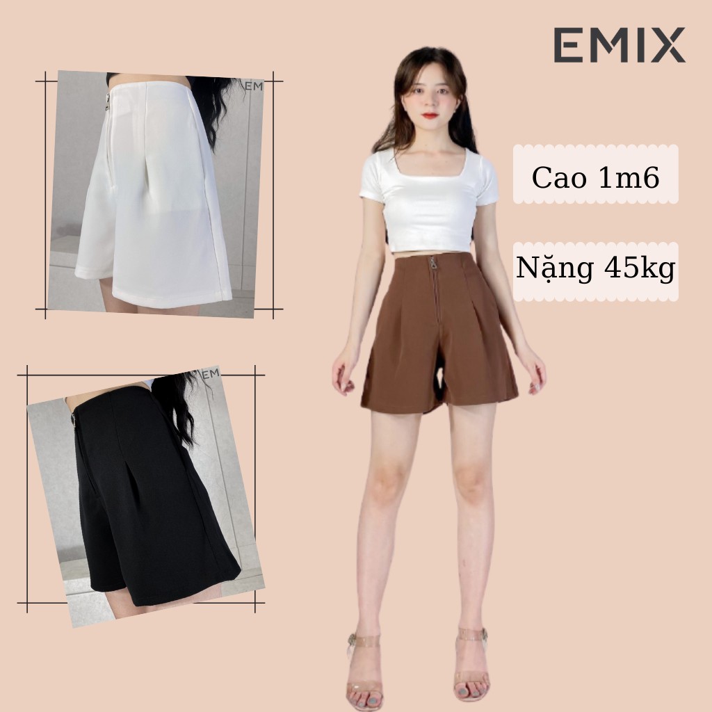 Quần short nữ khóa trước EMIX (3 màu), cạp cao, dáng ngắn, ống rộng, vải tuyết mưa, mềm nhẹ, không lộ Q622