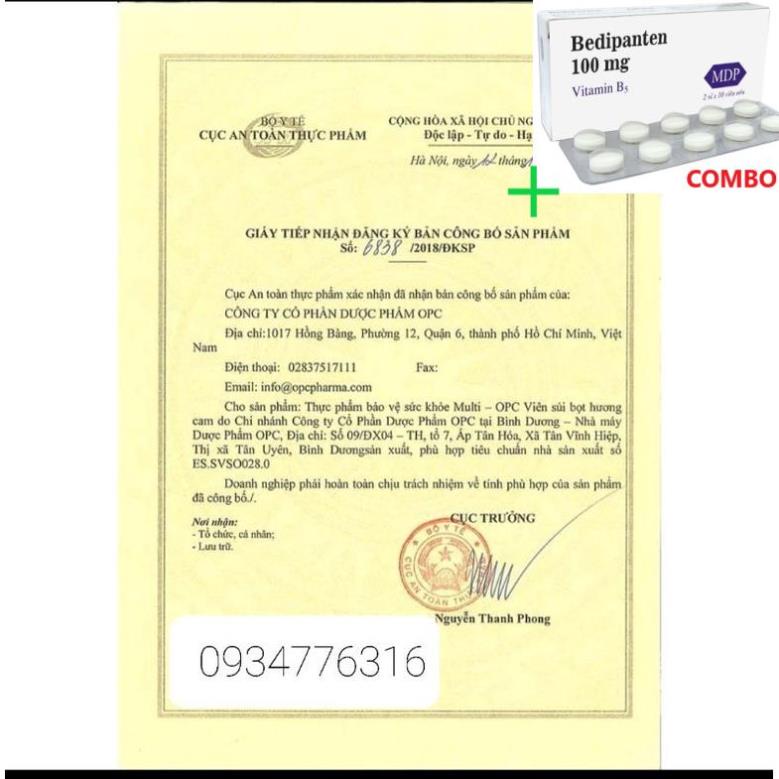 Combo Bedipanten 100mg +  Sủi multi OPC tuýp 20 viên bổ  sung vitamin và khoáng chất