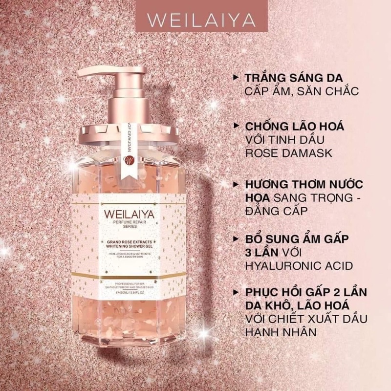 Sữa tắm Weilaiya chính hãng cánh hoa hồng Damask 450ml hương nước hoa quyến rũ trắng hồng tự nhiên.