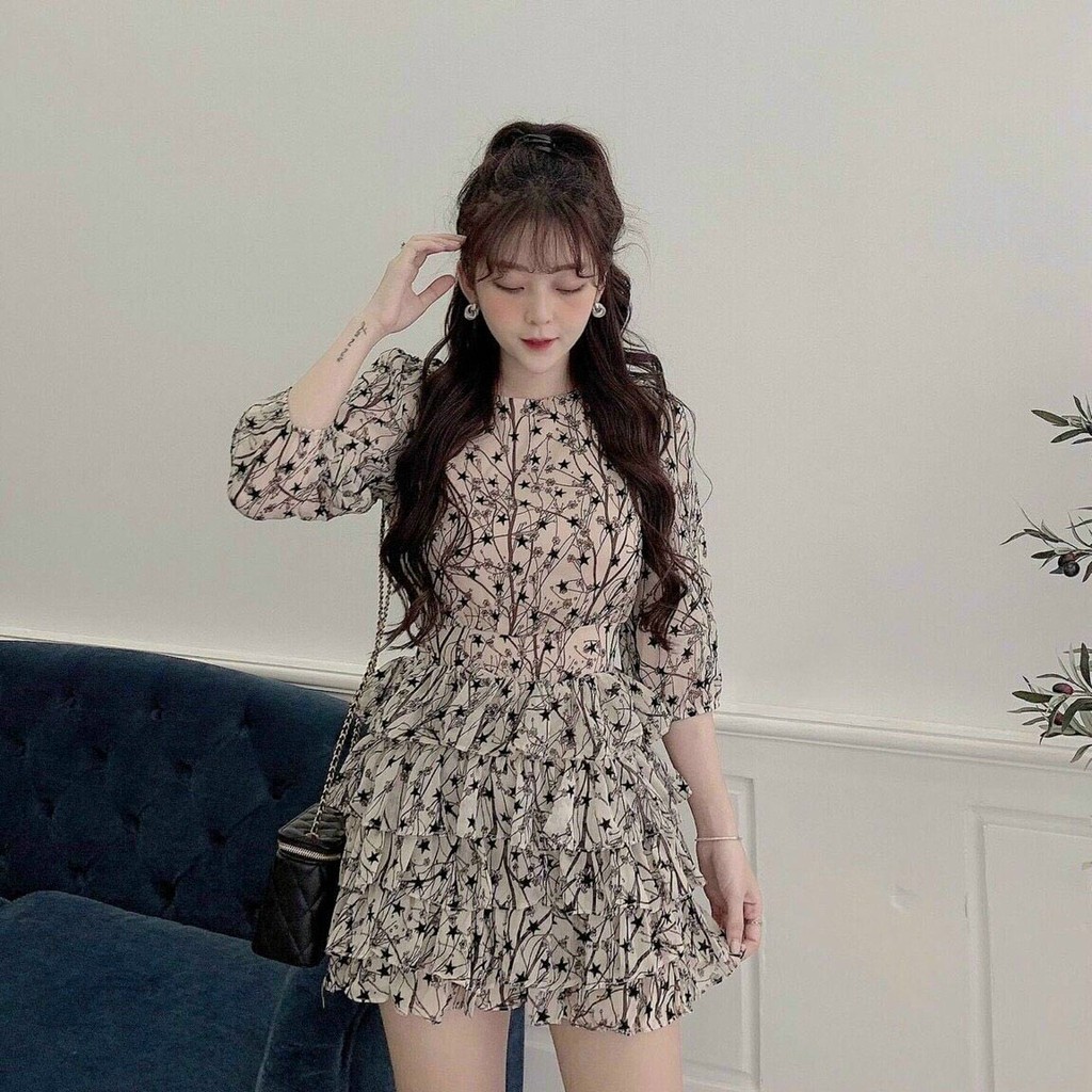 ĐẦM NỮ NGẮN XÒE XẾP TẦNG TAY LỠ HỌA TIẾT HOA LÁ SIÊU XINH XT75
