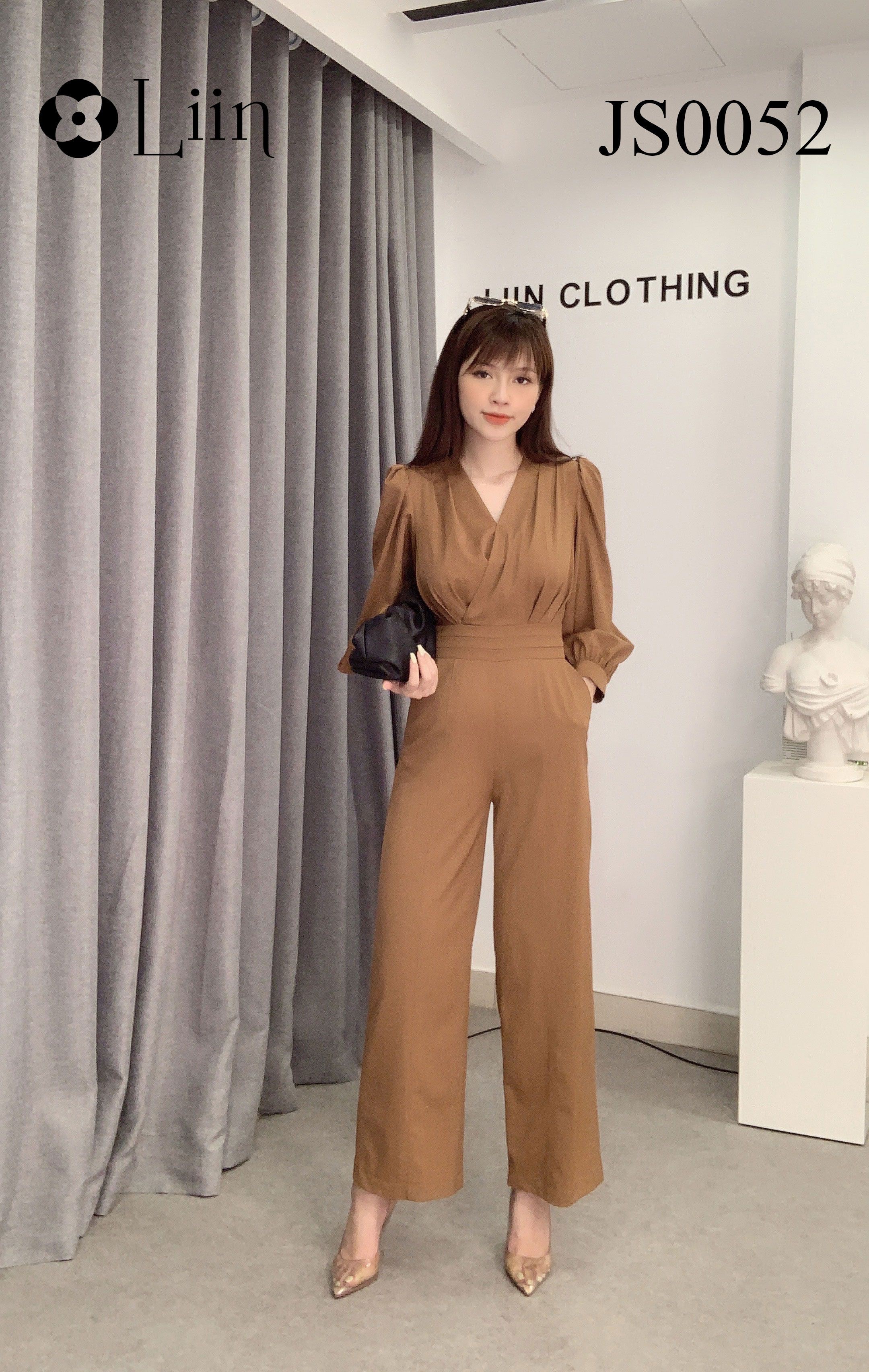 Jumsuit nữ màu Nâu dáng Dài thiết kế cổ V, ôm eo tôn dáng Liin Clothing JS0052