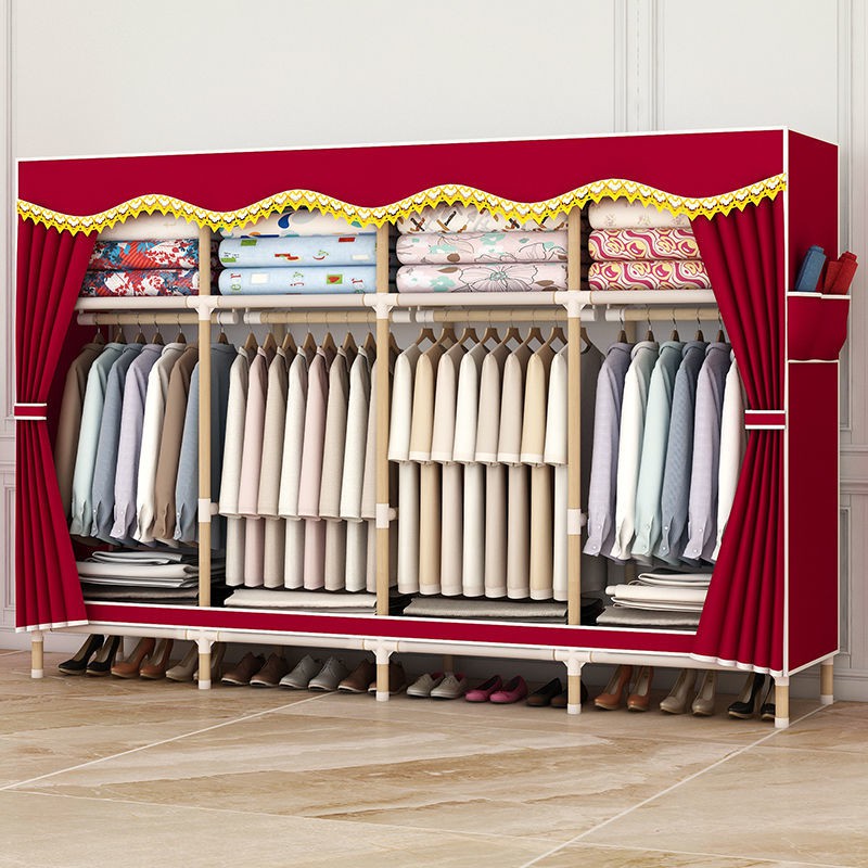 Tủ quần áo đơn giản lắp ráp bằng gỗ nguyên khối nội thất phòng ngủ gia đình vải lưới màu đỏ treo