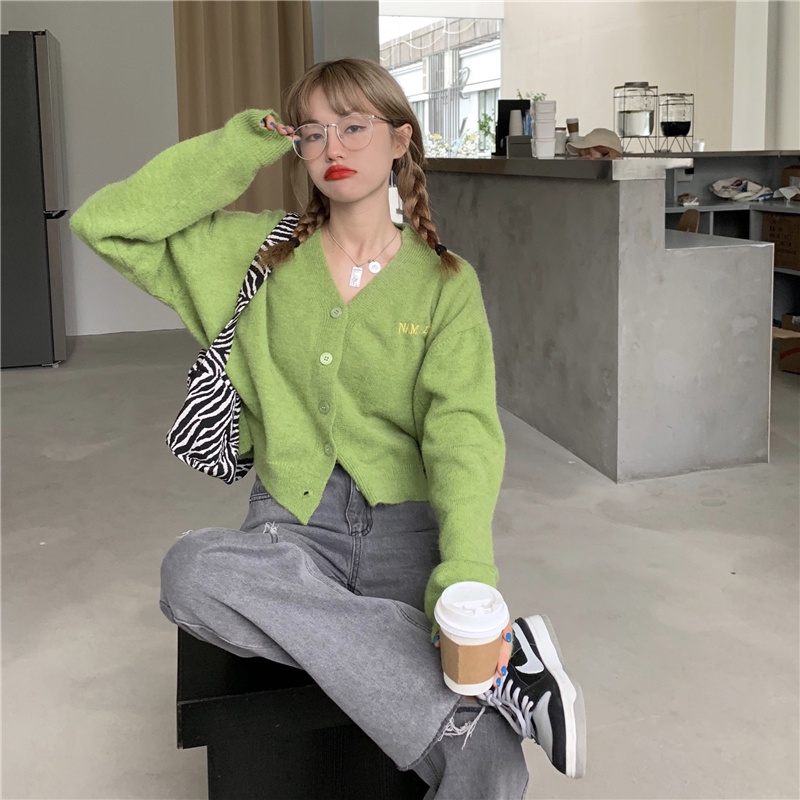 Áo khoác cardigan dệt kim cổ chữ V thêu chữ phong cách Hàn Quốc