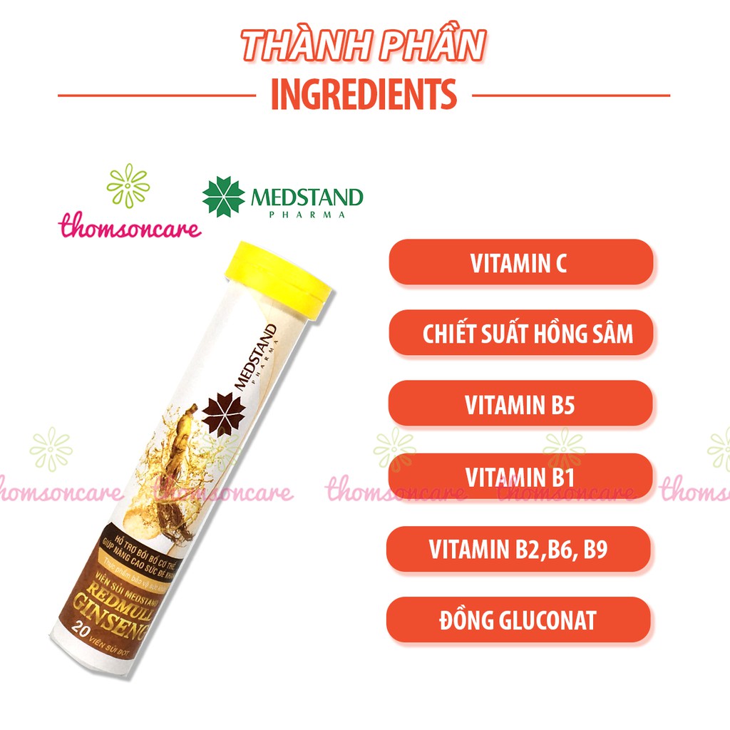 Viên sủi giảm mệt mỏi từ nhân sâm và vitamin Redmull Ginseng medstand tuýp 20 viên tăng sức đề kháng