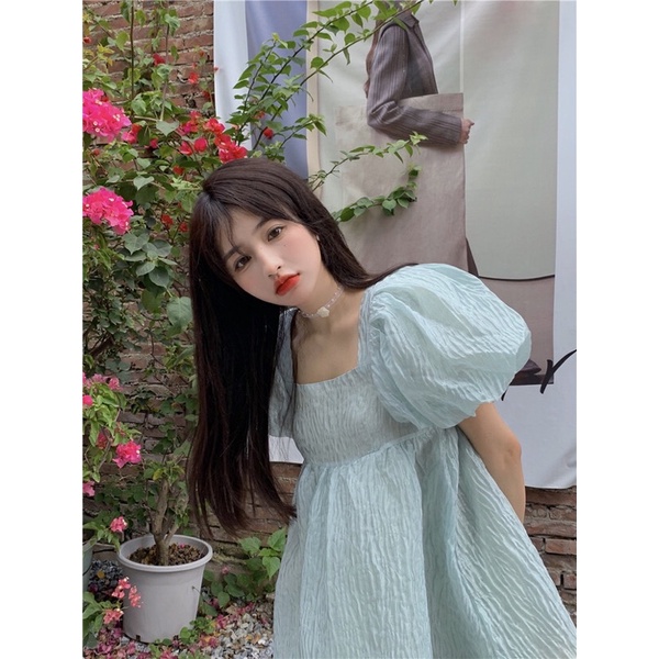 Đầm Babydoll Vải Xốp Sần Xám Xanh Tay Bồng Dáng Xoè Siêu Yêuu