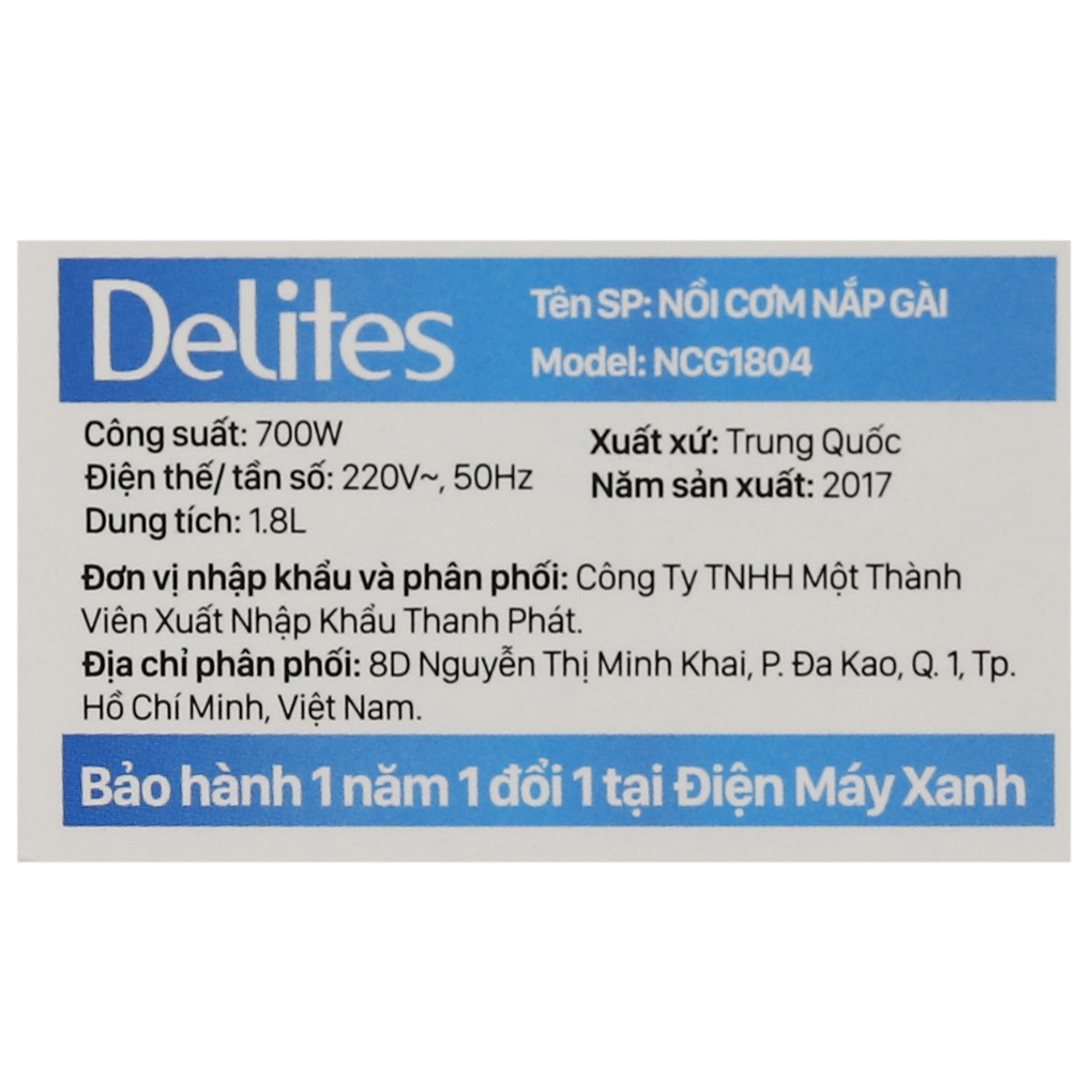 Nồi cơm điện Delites 1.8 lít NCG1804 hàng trưng bày