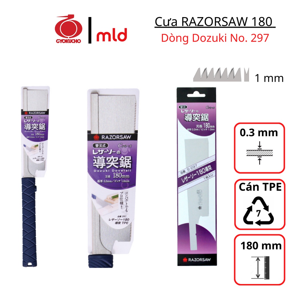 [MADE IN JAPAN] Cưa cầm tay Gyokucho, cán nhựa TPE, Series 180mm, Mã RZ290~RZ297