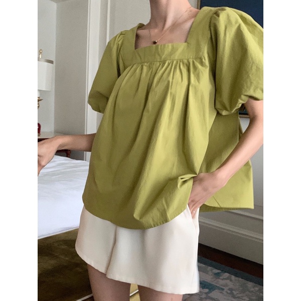 SÉT ÁO CỔ VUÔNG XANH BƠ TAY BỒNG KÈM QUẦN TRẮNG KTGIMI ( Kèm ảnh thật)