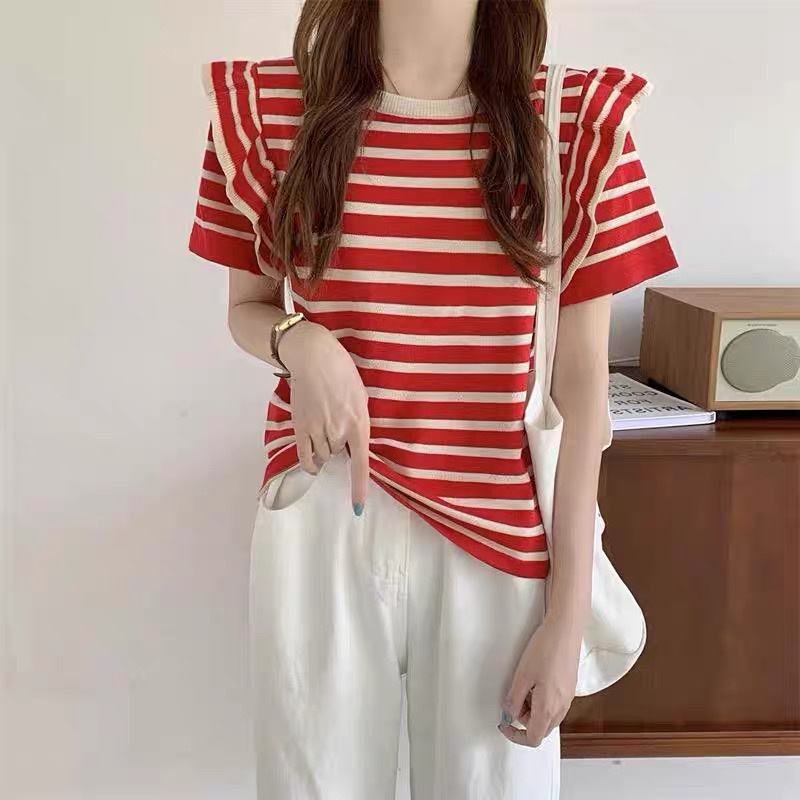 Áo len dệt kim nữ tay bồng - Áo thun nữ tay ngắn kiểu kẻ sọc ngang cổ tròn hàng Quảng Châu thiết kế cao cấp