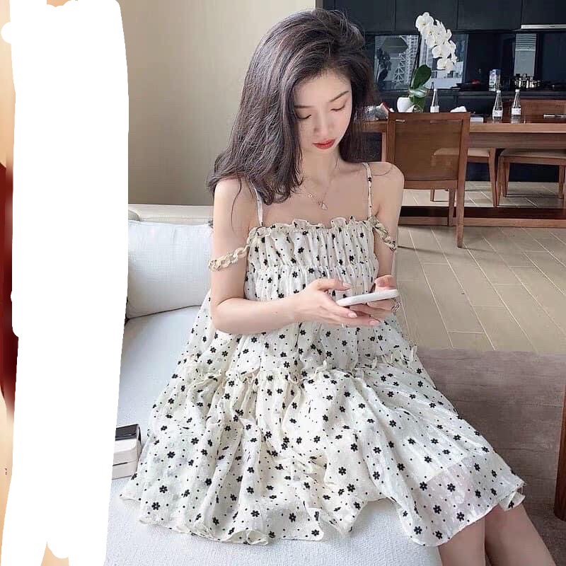 Đầm Hoa🌸Váy Hai dây chấm bi phối form rộng xoè dài bánh bèo tiểu thư mặc đi Biển đi Chơi cá tính Ulzzang