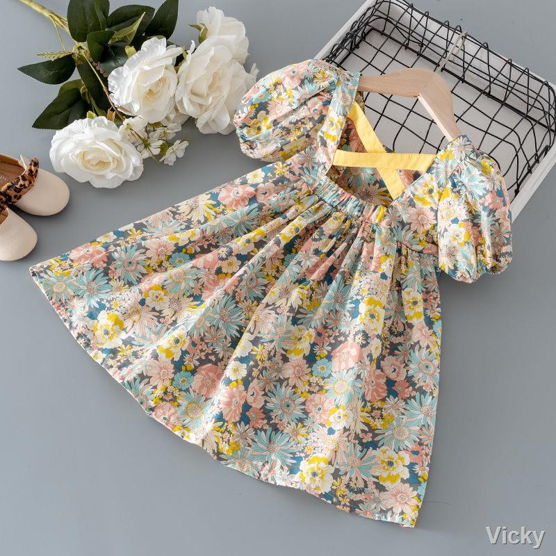 🌈Bộ hè🌈Váy hoa trẻ em cotton thuần, váy công chúa tay ngắn, váy trẻ em kiểu tây, hè 2021 new style