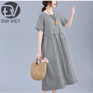 Đầm dáng xòe nữ họa tiết caro, chất đũi form rộng che khuyết điểm DV159
