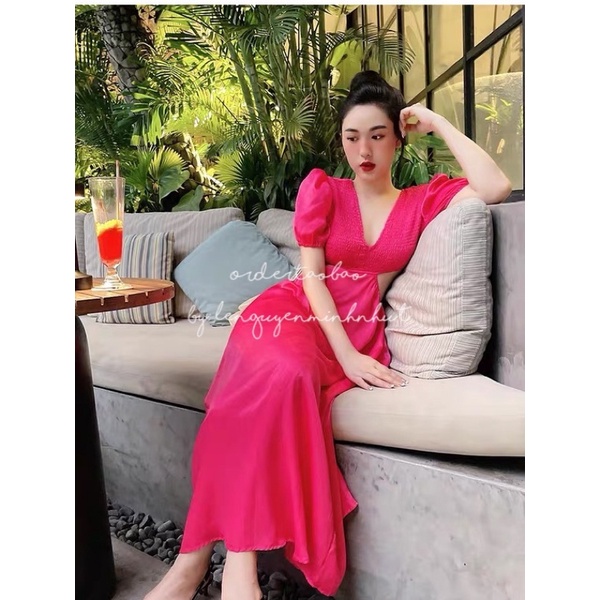 /order taobao/ Đầm Maxi Cổ V Khoét Eo Vải Lụa Nhũ