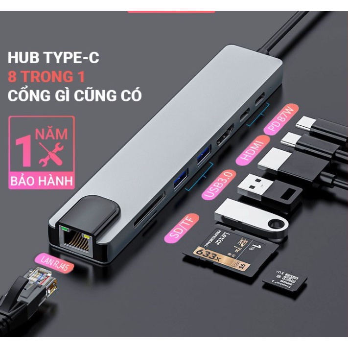 Bộ chuyển đổi đa năng  usb c 8 in 1 cho MacBook, Dell XPS 13, và thiết bị máy tính điện thoại hỗ trợ USB type C