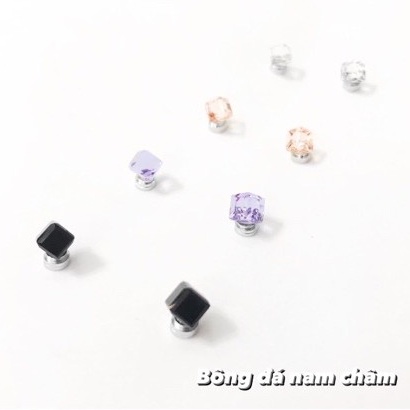 Bông tai nam châm hạt đá vuông kim cương nhiều màu sắc, không cần xỏ lỗ