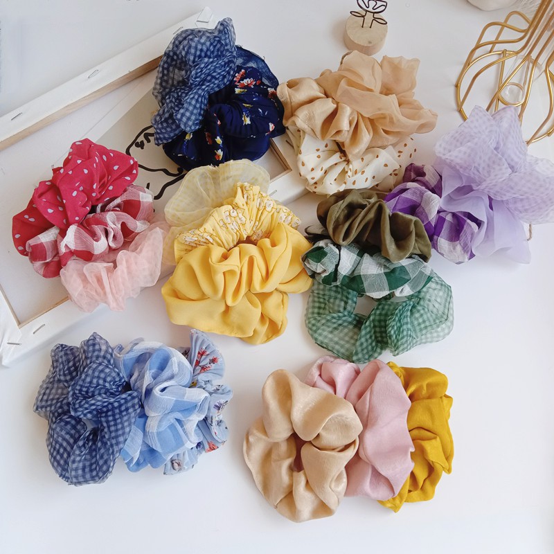 Scrunchies Cột Tóc Vải Set 3 Cái Cùng Tone Màu Nhiều Hoa Văn Trendy