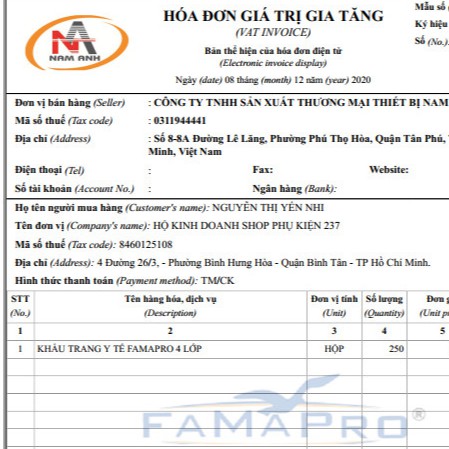 Khẩu trang y tế Famapro 4 lớp giấy kháng khuẩn hàng công ty Nam Anh hộp 50 chiếc