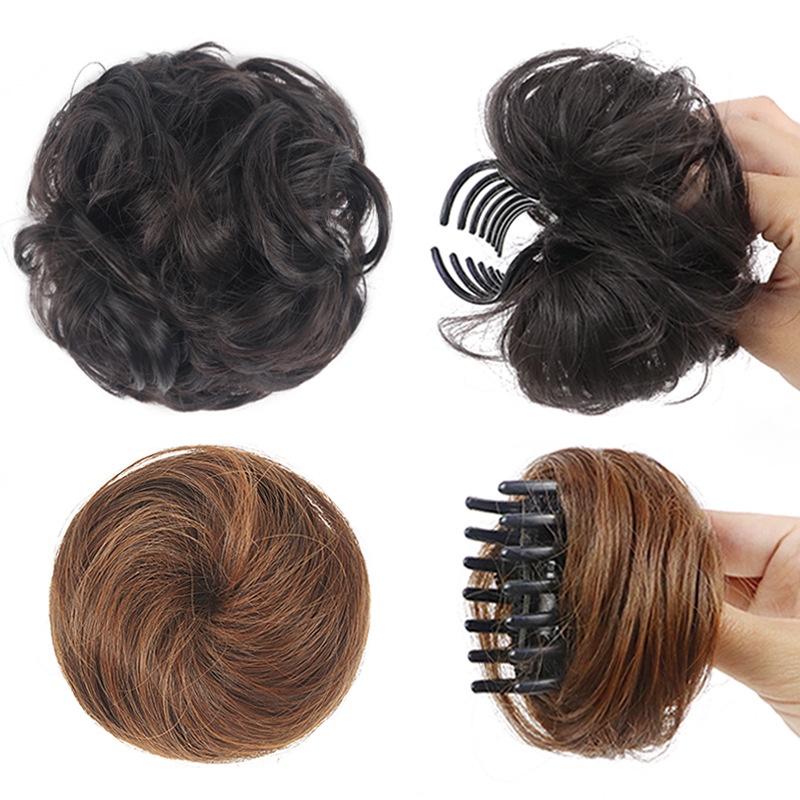 Búi tóc giả Wigsin xoăn/thẳng màu nâu/đen bằng sợi tổng hợp