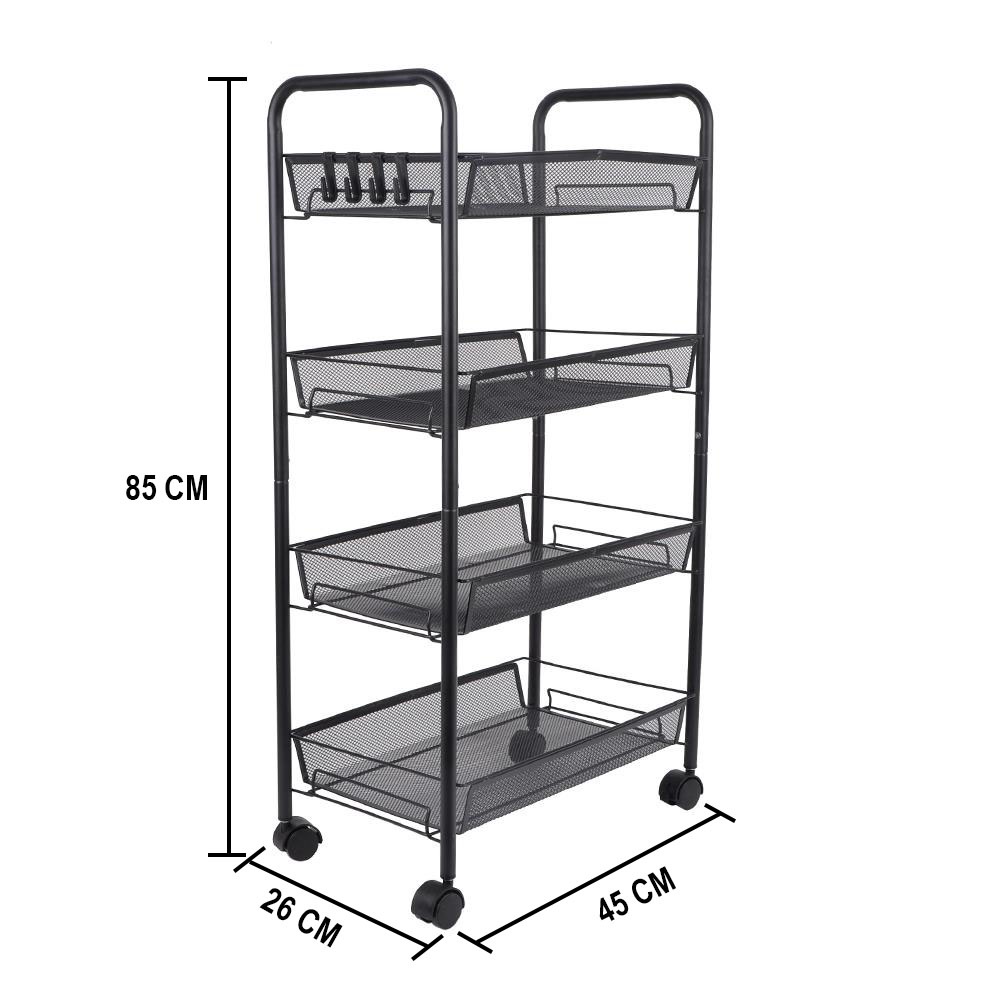 HomeBase STACKO Kệ 4 tầng bằng lưới thép có bánh xe có 4 móc treo IVY W45xH85xD26cm màu đen