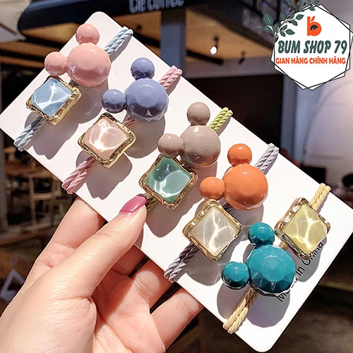 Dây buộc tóc cute đính pha lê vuông và mặt chuột Mickey tinh tế, Dây cột tóc Hàn Quốc thời trang mặt chuột Mickey to