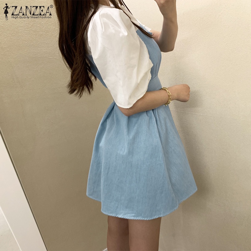 Zanzea Đầm Ngắn Tay Phồng Phối Màu Tương Phản Thời Trang Dành Cho Nữ
