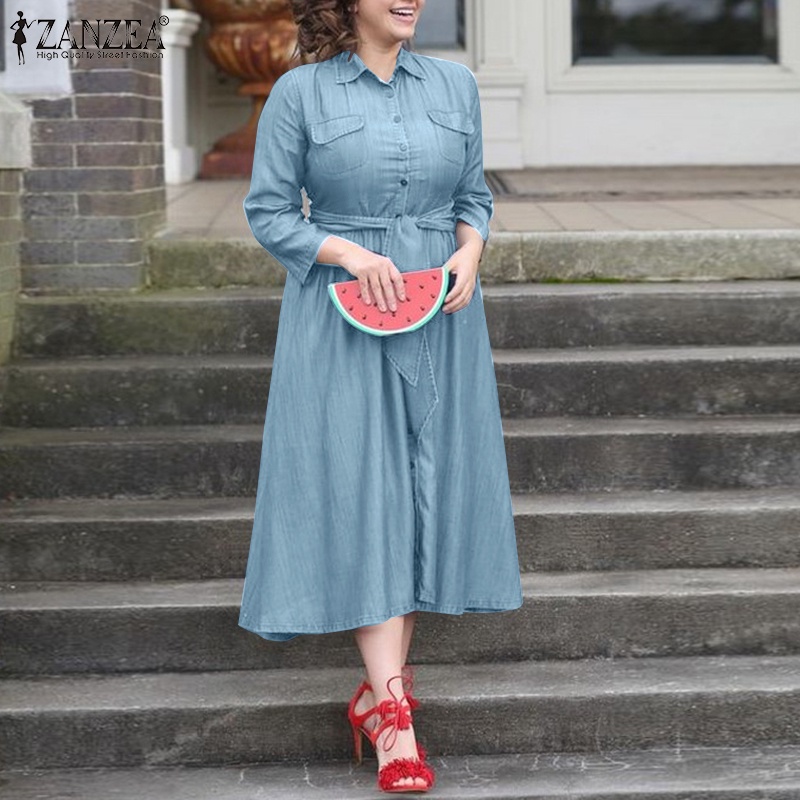Đầm denim Zanzea tay 3/4 phong cách Âu Mỹ thời trang cho nữ