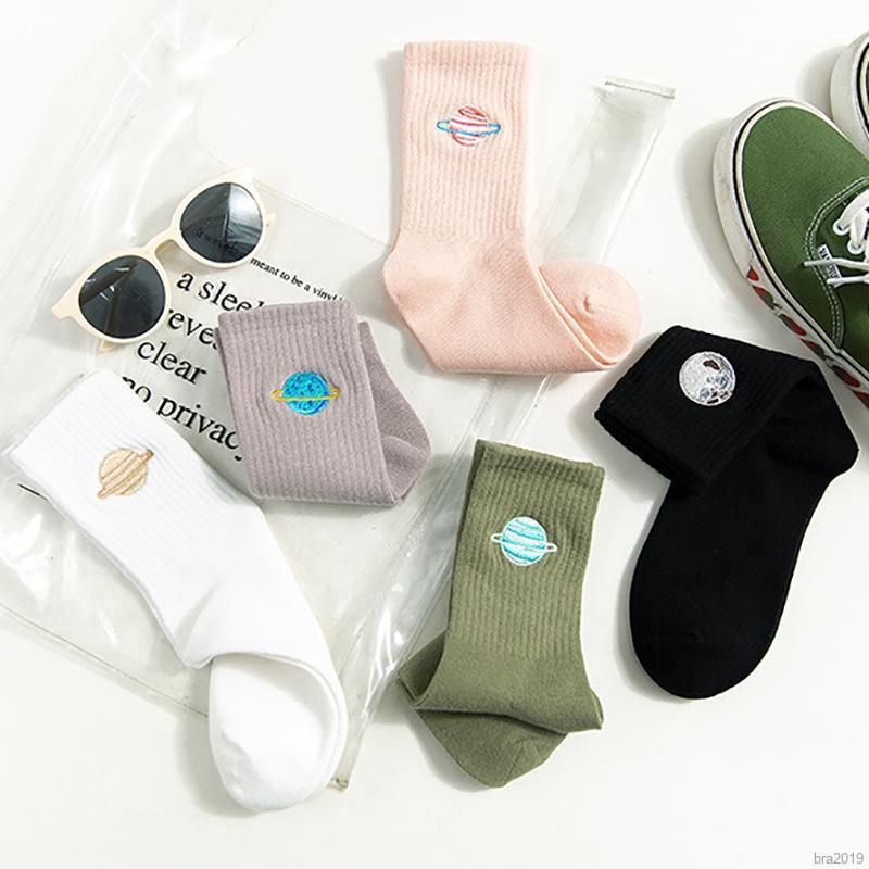 Women Long Fashion Wild Cotton Planet Print Vertical Stripes Socks