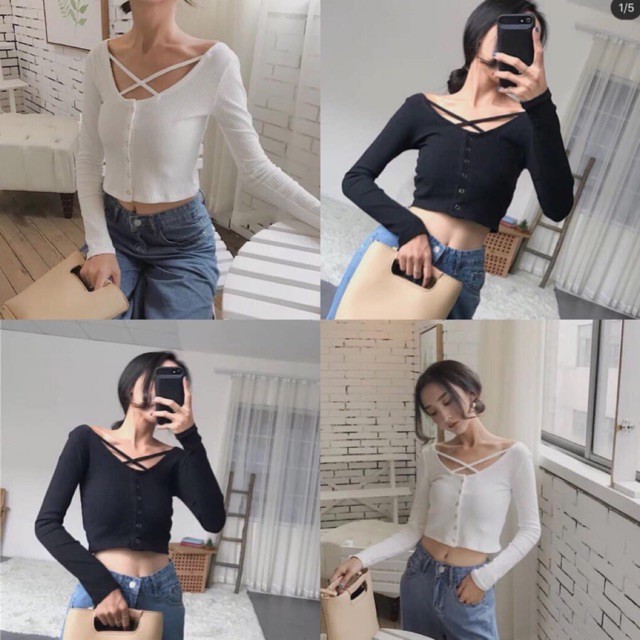 Áo tay dài đan dây chéo ngực (Cài nút bấm)
