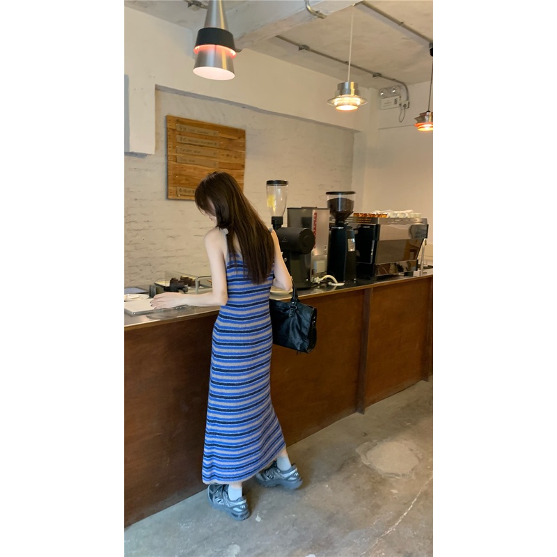 Đầm Dệt Kim Hai Dây Cổ Chữ v Dáng Ôm Họa Tiết Kẻ Sọc Thời Trang Hàn Quốc Dành Cho Bạn Nữ