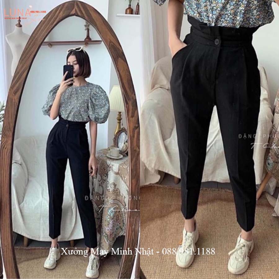 Quần baggy nữ cạp bèo cao 2 tầng xếp ly dáng quần tây đi học lưng cao vải Vitex dày học sinh đi làm công sở cách điệu