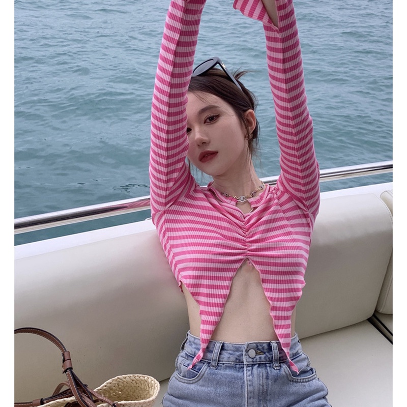 Áo Thun Tay Dài Cổ Yếm Họa Tiết Kẻ Sọc Thời Trang Quyến Rũ Cho Nữ
